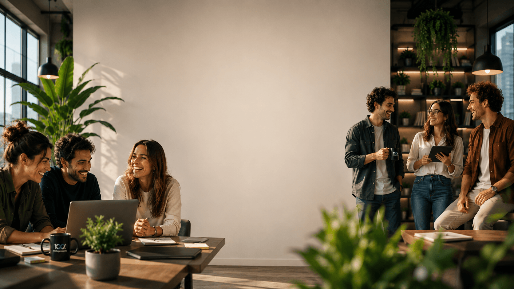 Professionisti sorridenti che collaborano e conversano in un ufficio moderno, luminoso e ricco di piante.